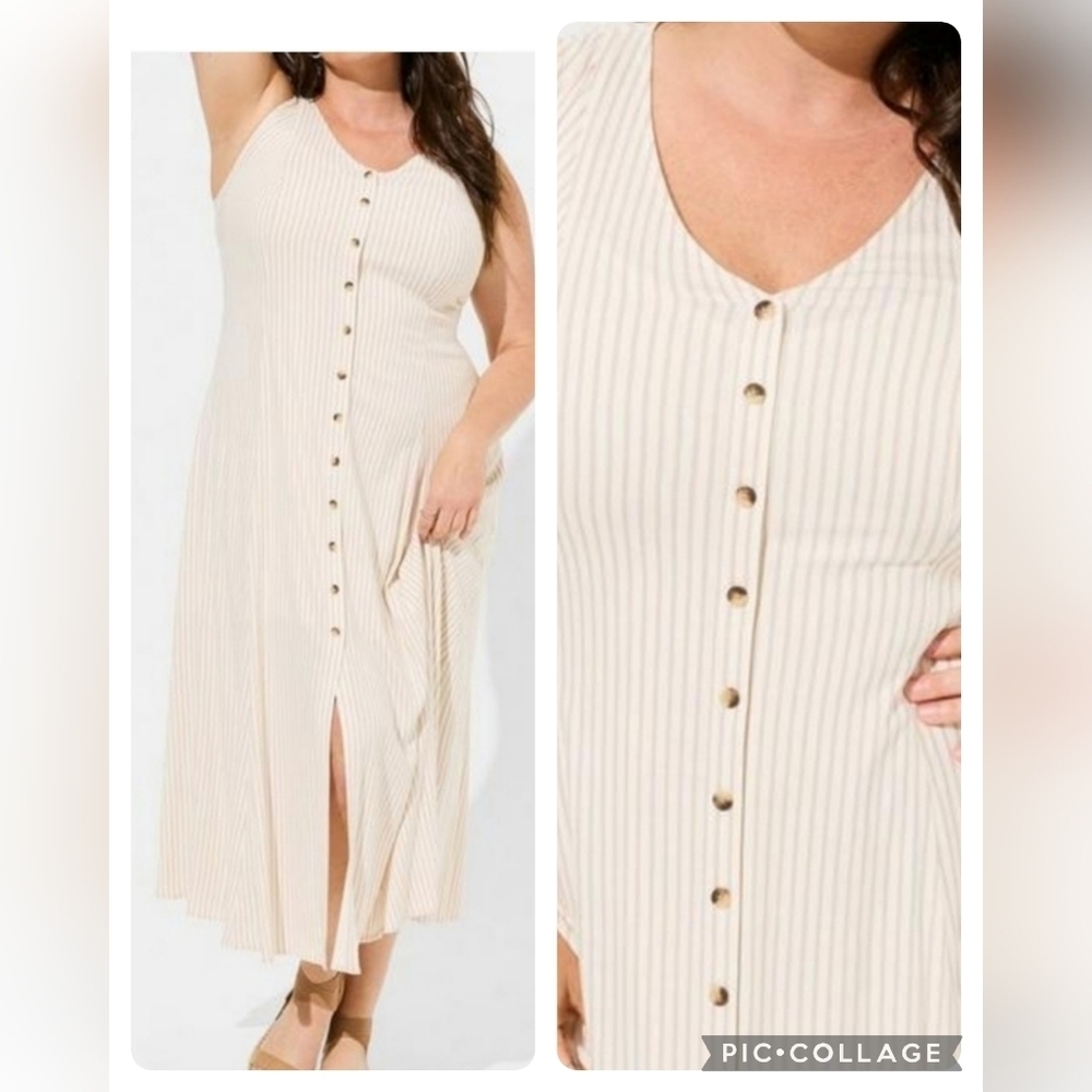 🆕️ 3X IVORY STRIPED MAXI RAYON SLUB BUTTON FRONT CORSET BACK DRESS